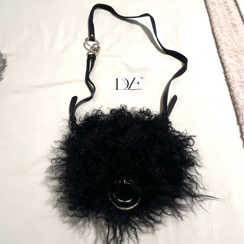 Diane Von Furstenberg DVF Love Power Shearling Crossbody Black Leather Bag